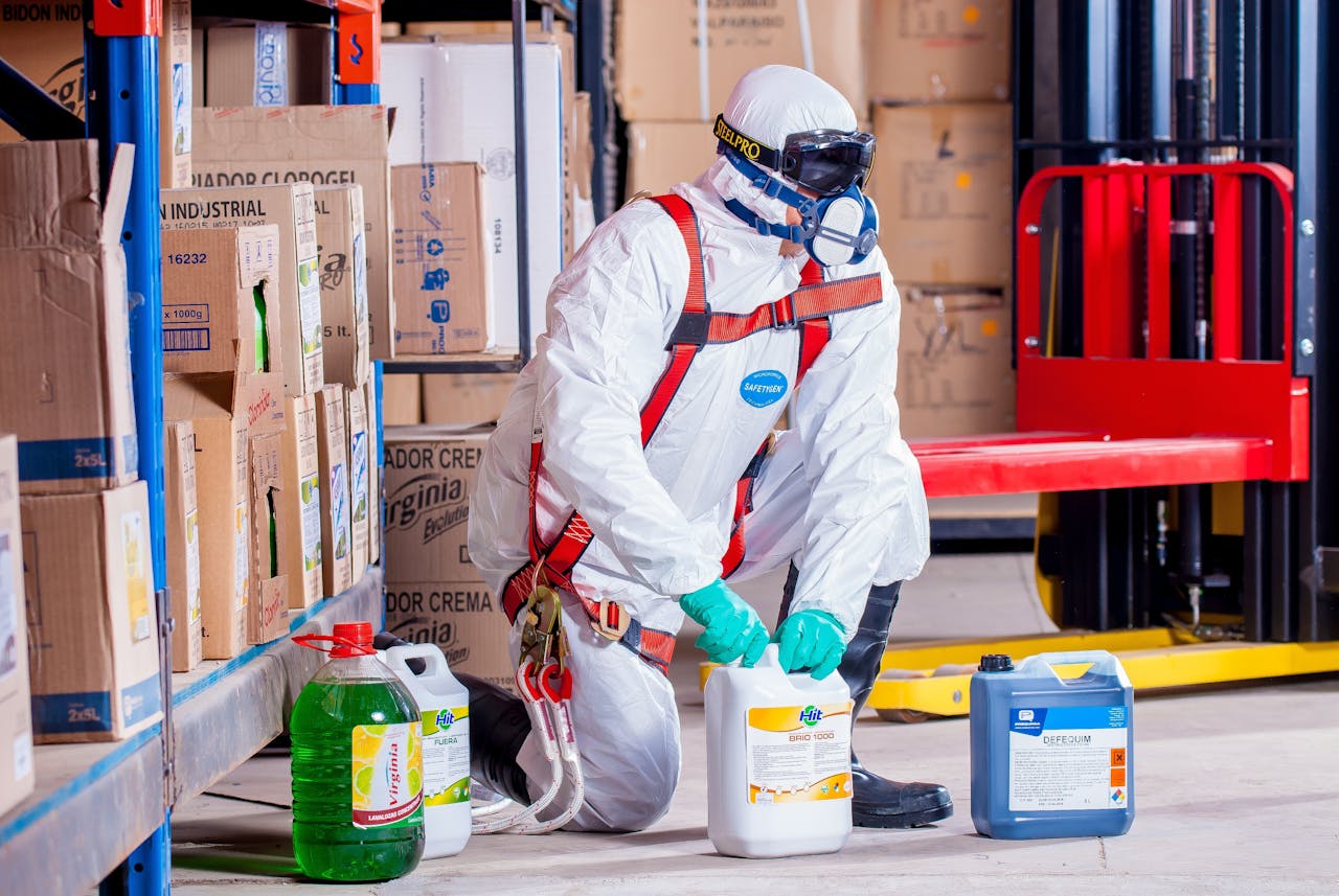 portfolio-05 Industrial worker in protective gear handling chemicals in a warehouse environment.